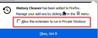 Enabling History Cleaner add-on to run in private windows