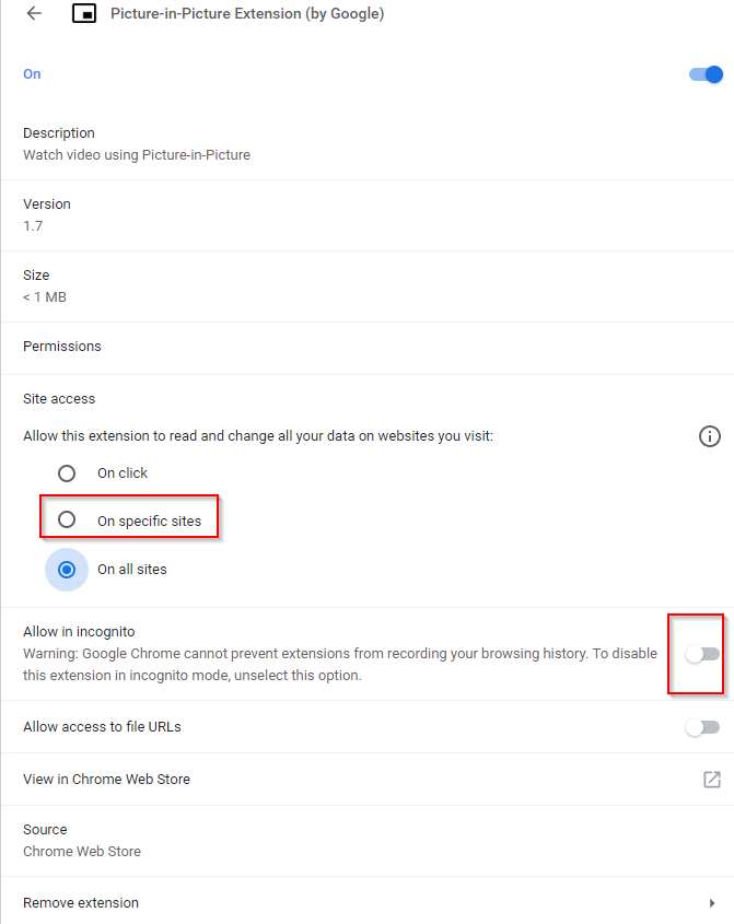 changing site access settings and enabling incognito mode access for Picture-in-Picture Extension
