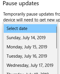 manually selecting pause date for windows 10 updates 