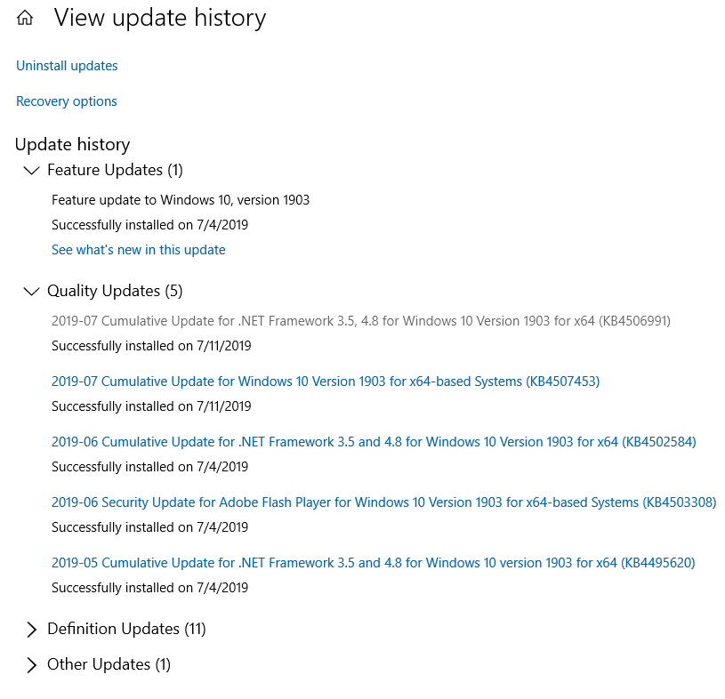 listing currently installed windows 10 updates 