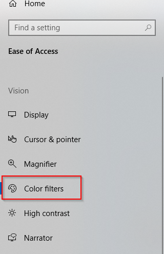 Color filters option in Windows 10