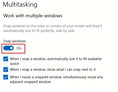 enable or disable Windows 10 Snap feature