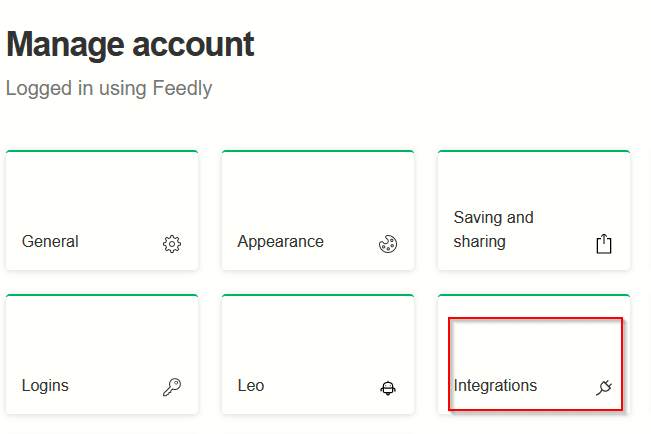 Integrations option from account settings in Feedly 