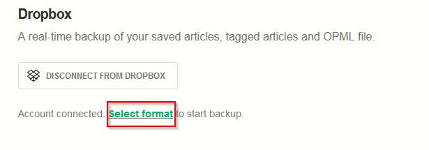 choosing a backup format to store Feedly data to Dropbox