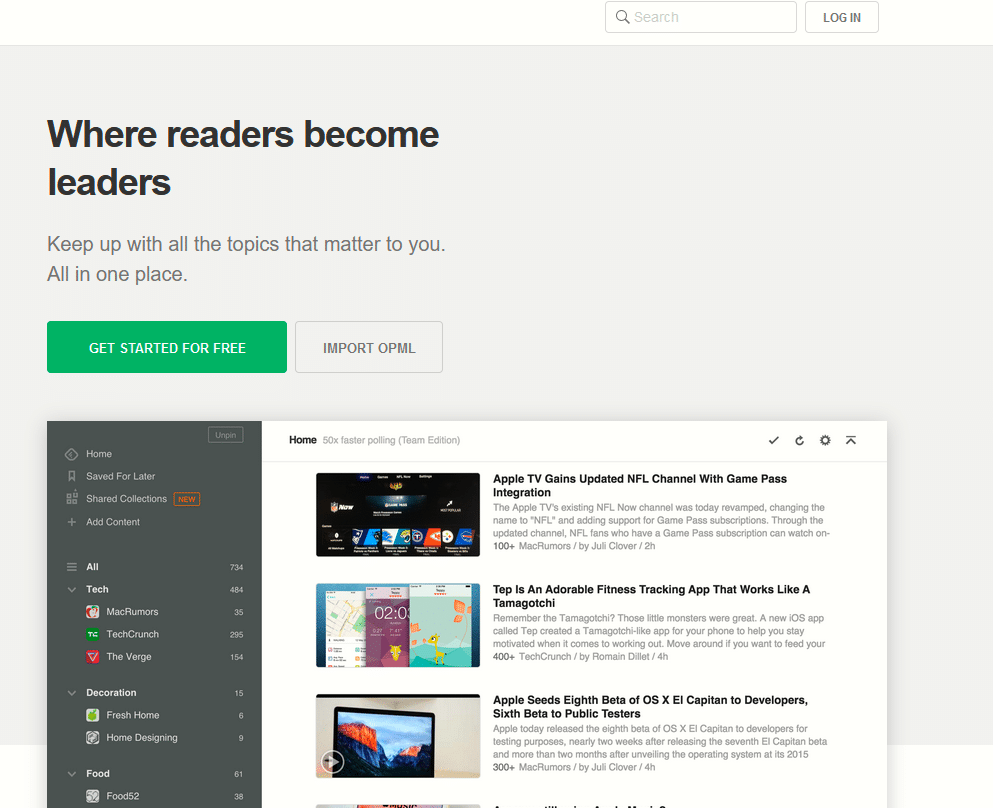 Feedly main page