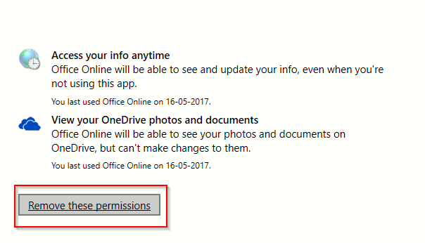 removing permissions for apps connected to Microsoft account