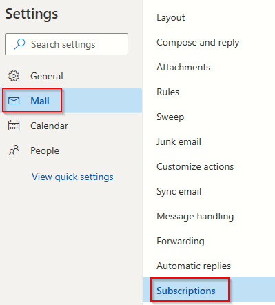 configuring Subscriptions settings in Outlook.com 