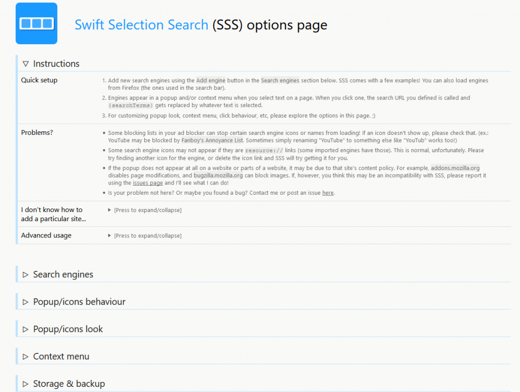 brief instructions on configuring Swift Selection Search options