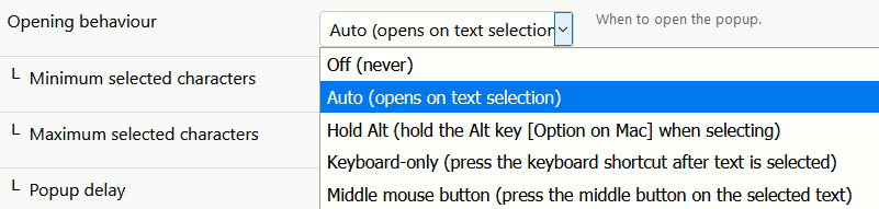 turning off auto popup option for Swift Selection Search