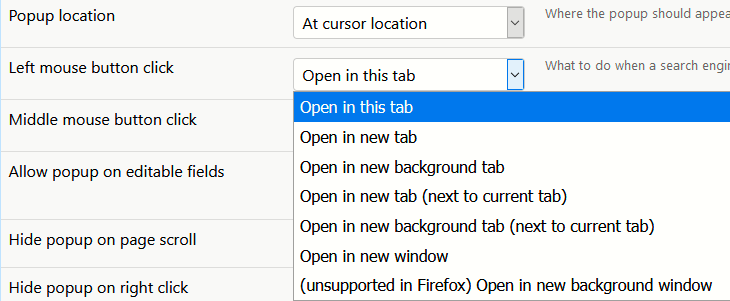 open search results in background tab or existing tab when using Swift Selection Search