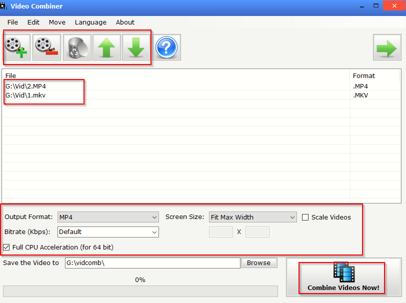 adding videos to be combined using Video Combiner