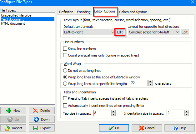 choosing font and editor options per file type in EditPad Lite