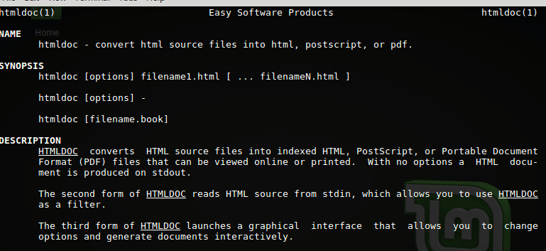 using the man page for htmldoc