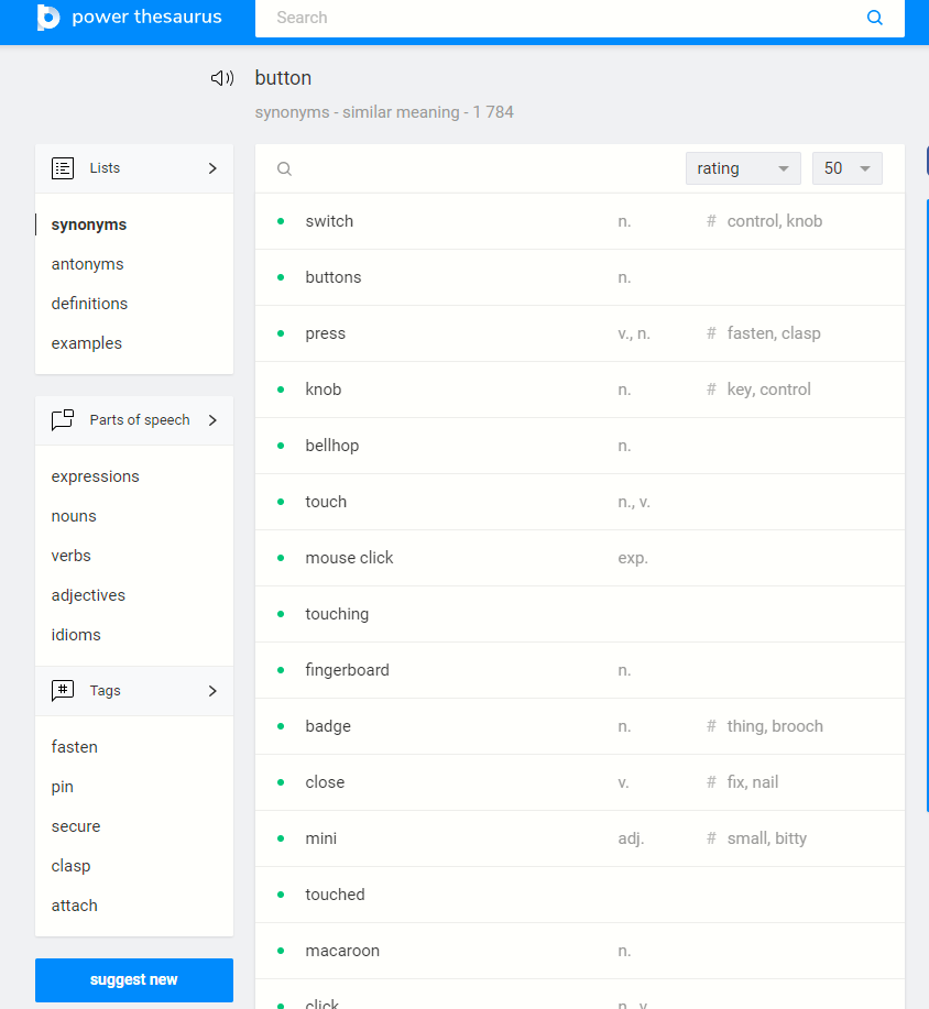 a list of synonyms and antonyms displayed by Power Thesaurus