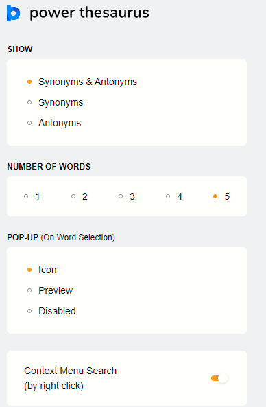 changing Power Thesaurus settings for displaying synonyms and antonyms