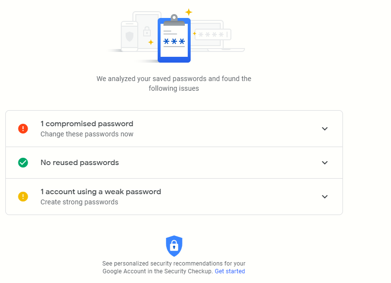 Password Checkup scanning complete for vulnerable and weak passwords