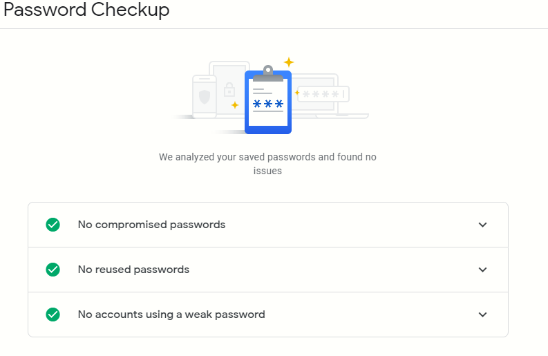 no password vulnerabilities found using the Password Checkup tool