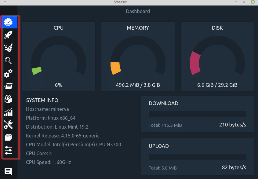 Stacer dashboard