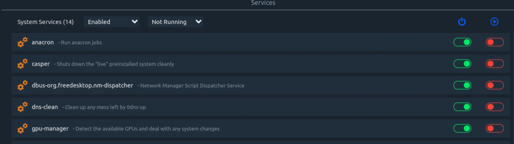 displaying a list of disabled services using Stacer 