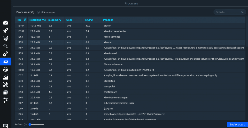 a list of running processes that can be managed using Stacer 