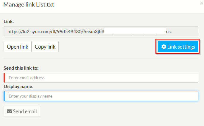 accessing link settings for shared files in Sync 