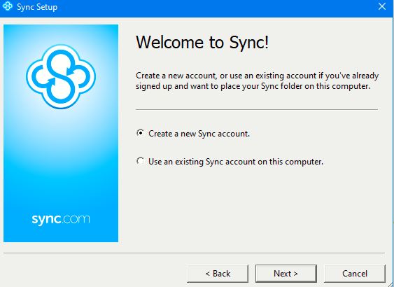 Sync desktop client setup screen