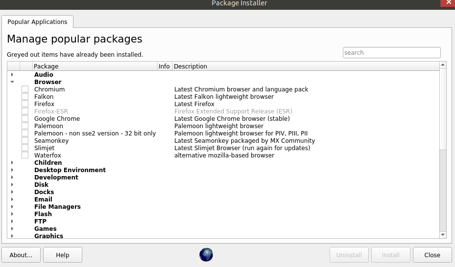 list of apps that can be installed from various categories in antiX Control Centre