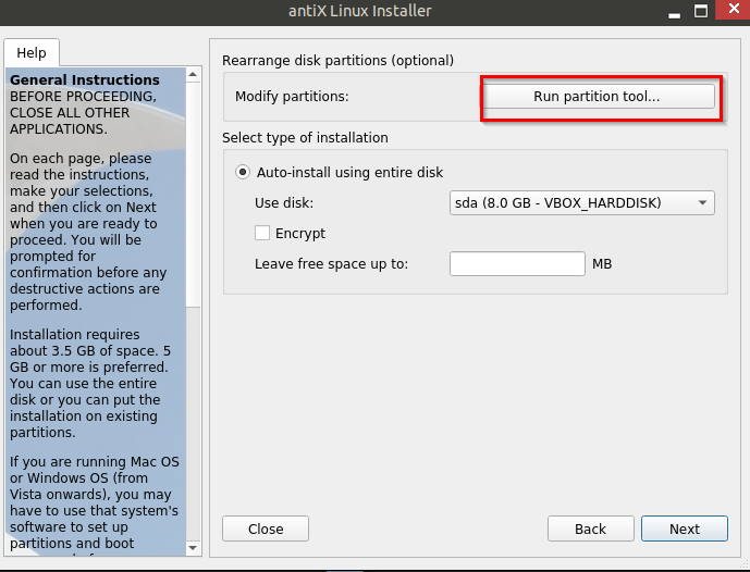 partitioning disks for antiX installation