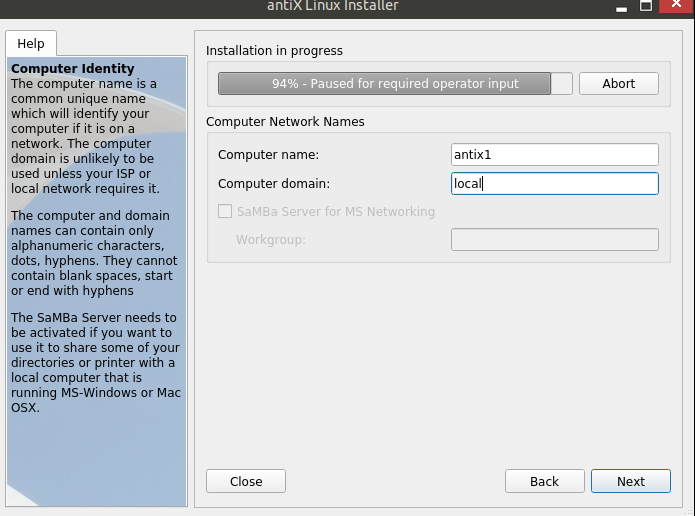 choosing a computer name during antiX installation