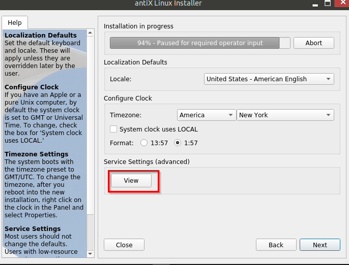 setting up locale, time zone and services during antiX installation