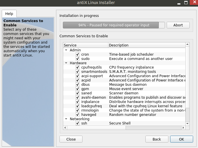 a list of system services that can be enabled or disabled during antiX installation