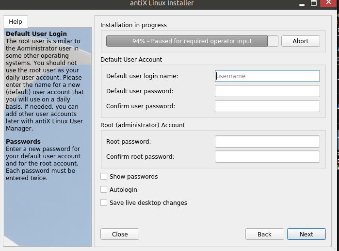 setting up username and password during antiX installation