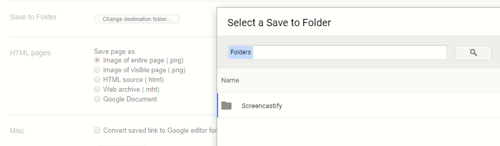 changing the destination folder where the web content will be saved in Google Drive with the Save To Google Drive extension