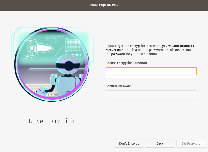 setting encryption password during Pop!_OS installation