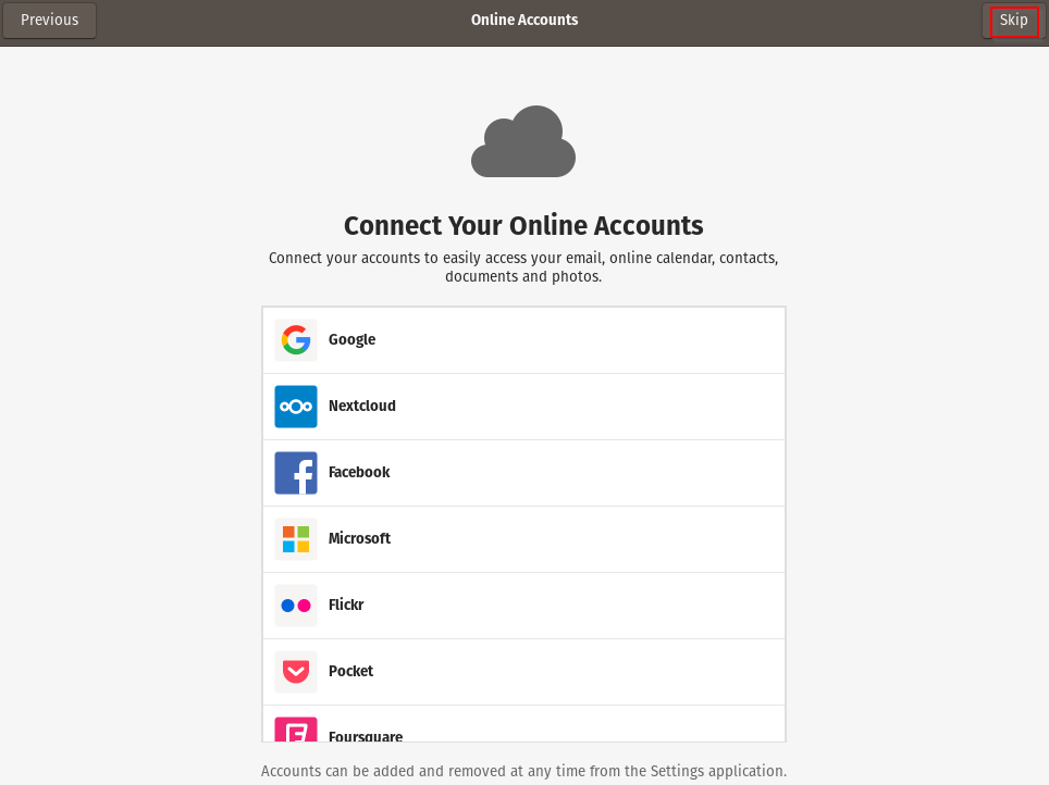 connectng other online accounts during setup in Pop!_OS