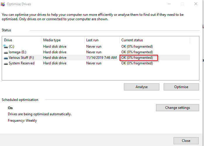 drives defragmented in Windows 10