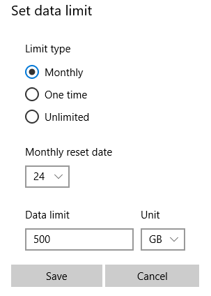 setting a data limit for metered connections in Windows 10