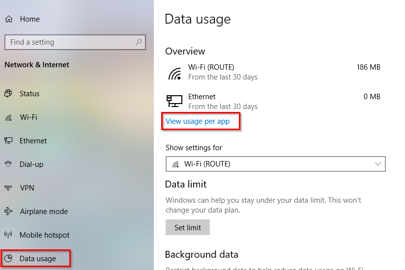 viewing data consumption per app for metered networks in Windows 10