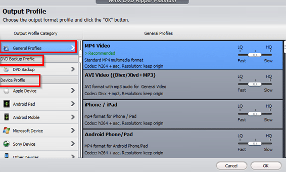 choosing from different profiles for playback in WinX DVD Ripper Platinum