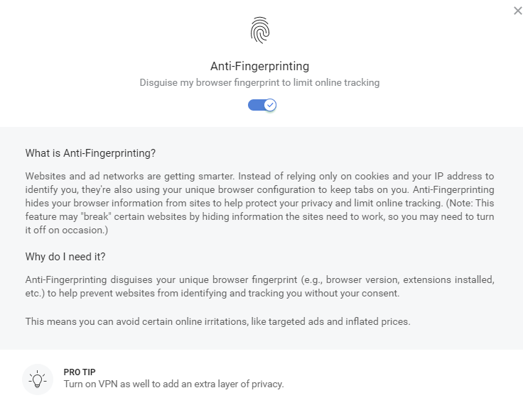 enabling or disabling anti-fingerprinting option in CCleaner Browser