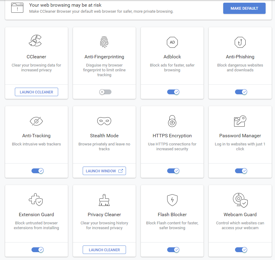 Security & Privacy Center in CCleaner Browser