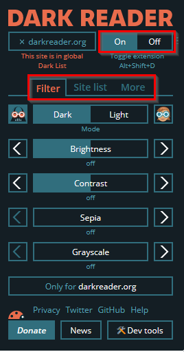 changing filter settings for websites in Dark Reader