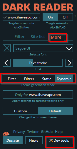 Changing font and theme settings in Dark Reader