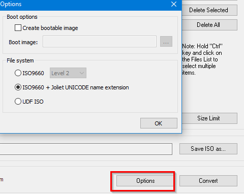 configuring ISO options in Free ISO Creator