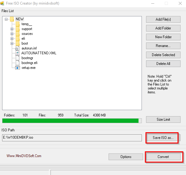 choosing destination ISO folder before starting conversion in Free ISO Creator