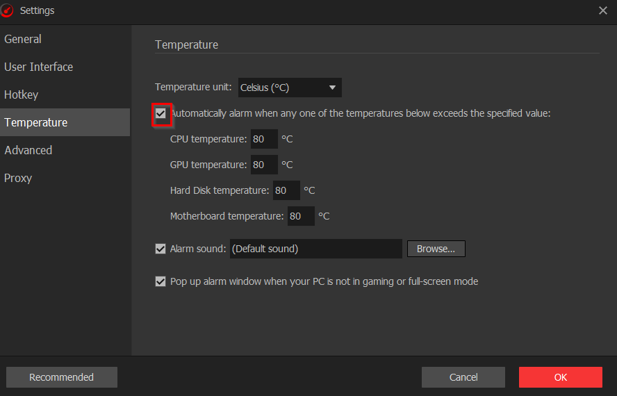 configuring temperature threshold for alarms to monitor overheating in Smart Game Booster