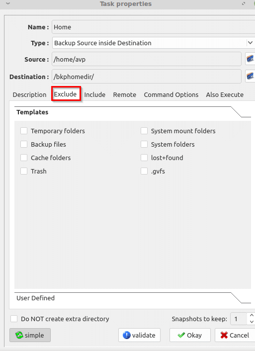 exclude specific directories in luckyBackup