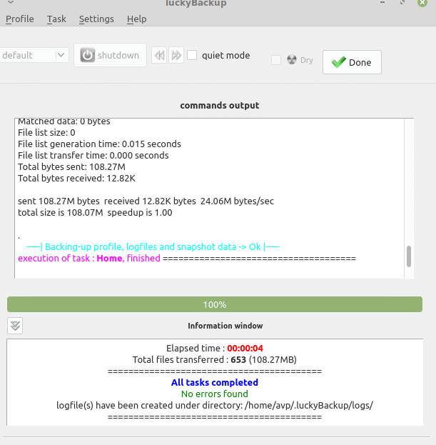 backup completed successfully in luckyBackup