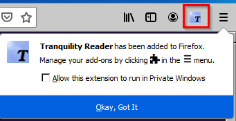 Tranquility Reader add-on installed in Firefox