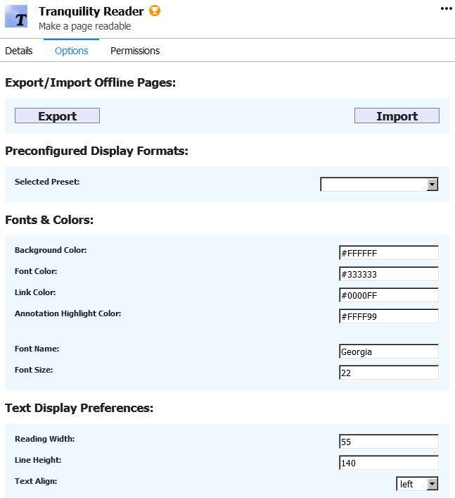 changing font size, type, reading width and other options in Tranquility Reader